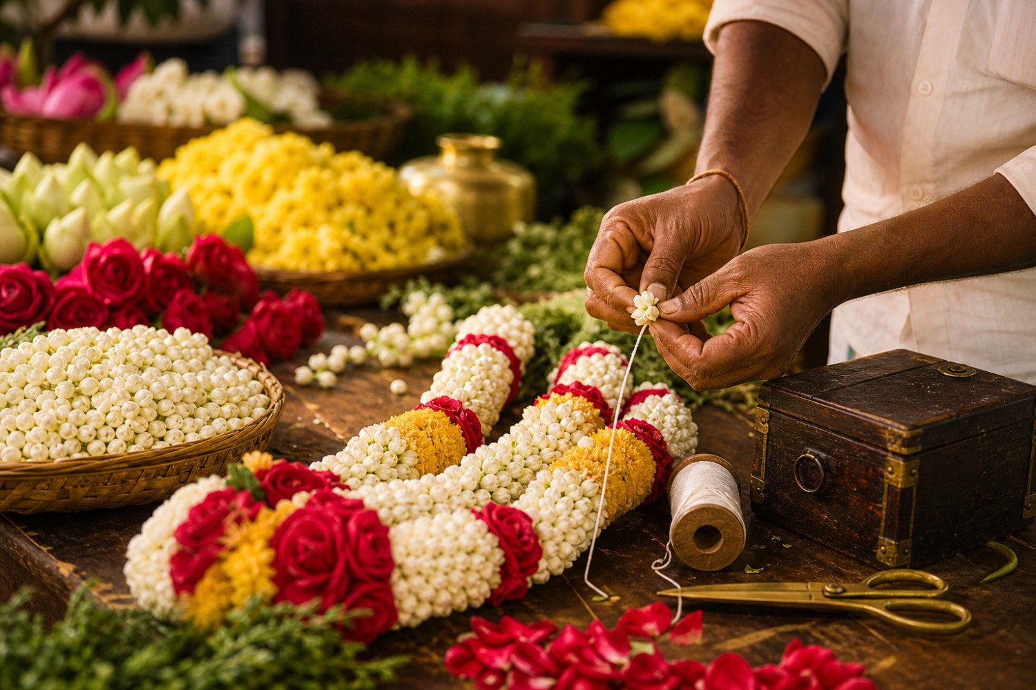 Traditional florist handcrafting a jasmine and rose wedding garland